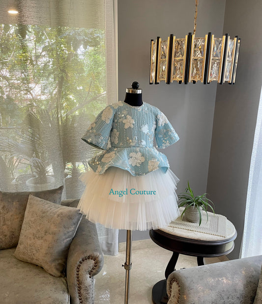 Ice Blue White Flower Sequence Peplum Dress