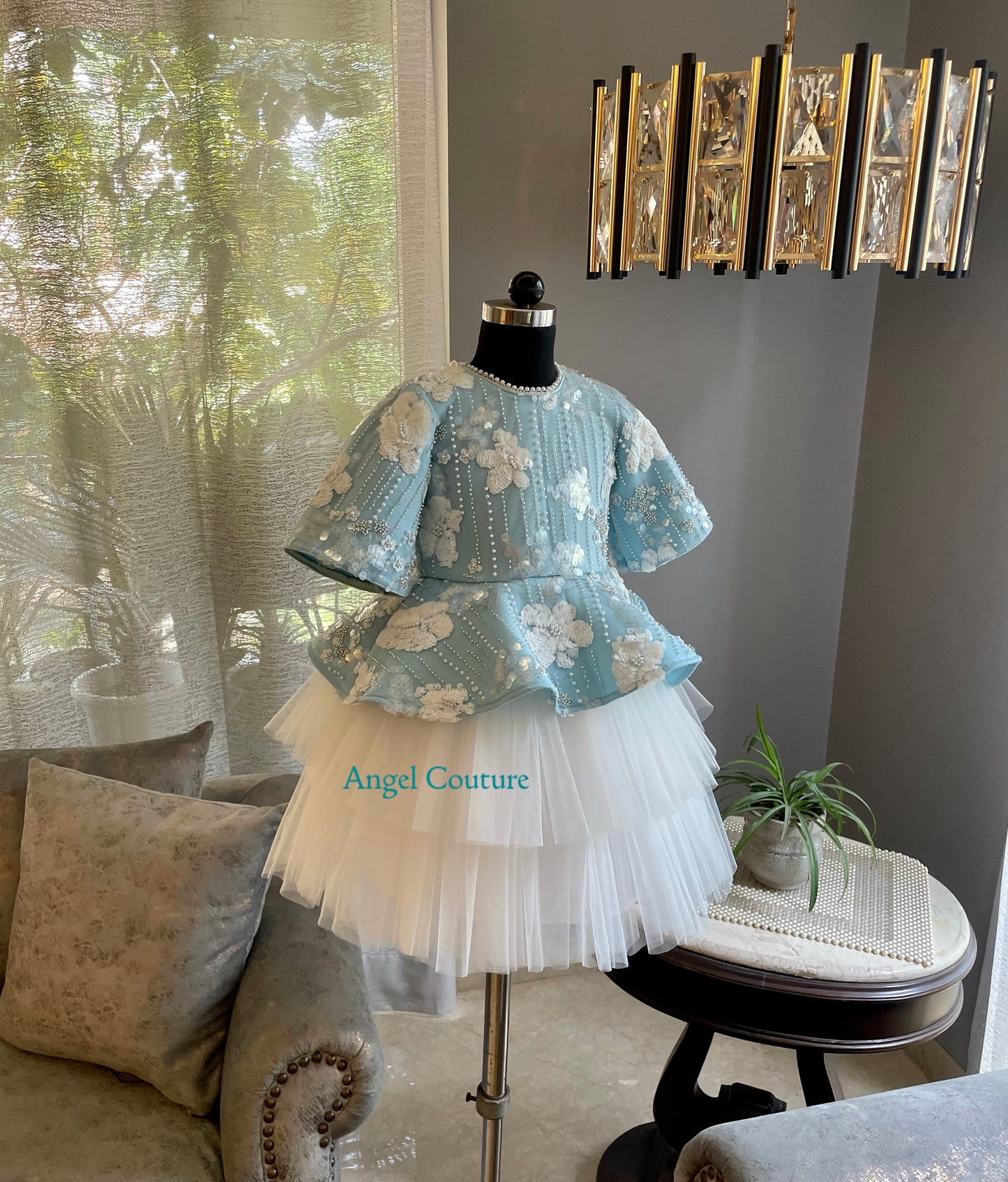Ice Blue White Flower Sequence Peplum Dress