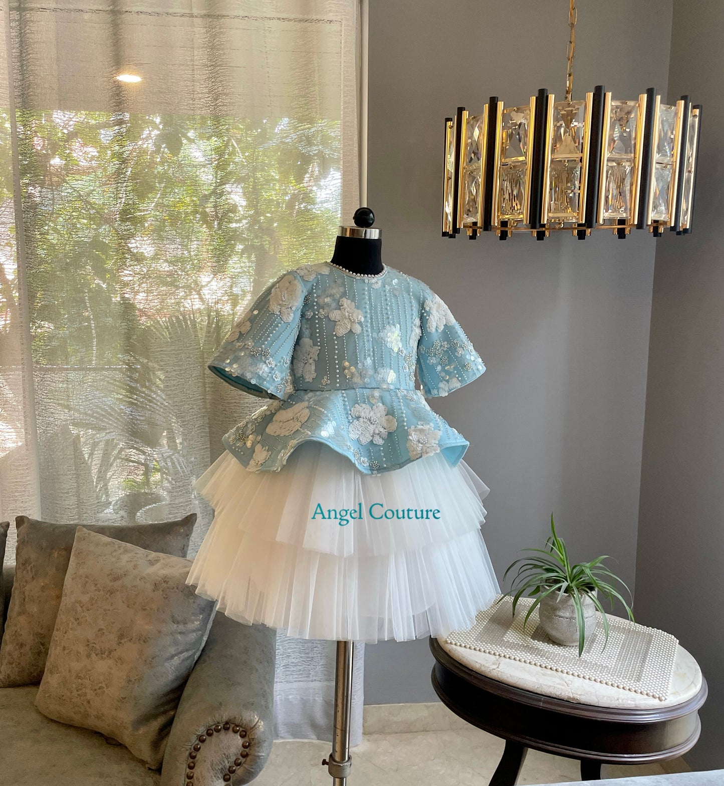 Ice Blue White Flower Sequence Peplum Dress
