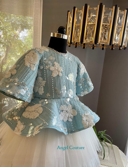 Ice Blue White Flower Sequence Peplum Dress