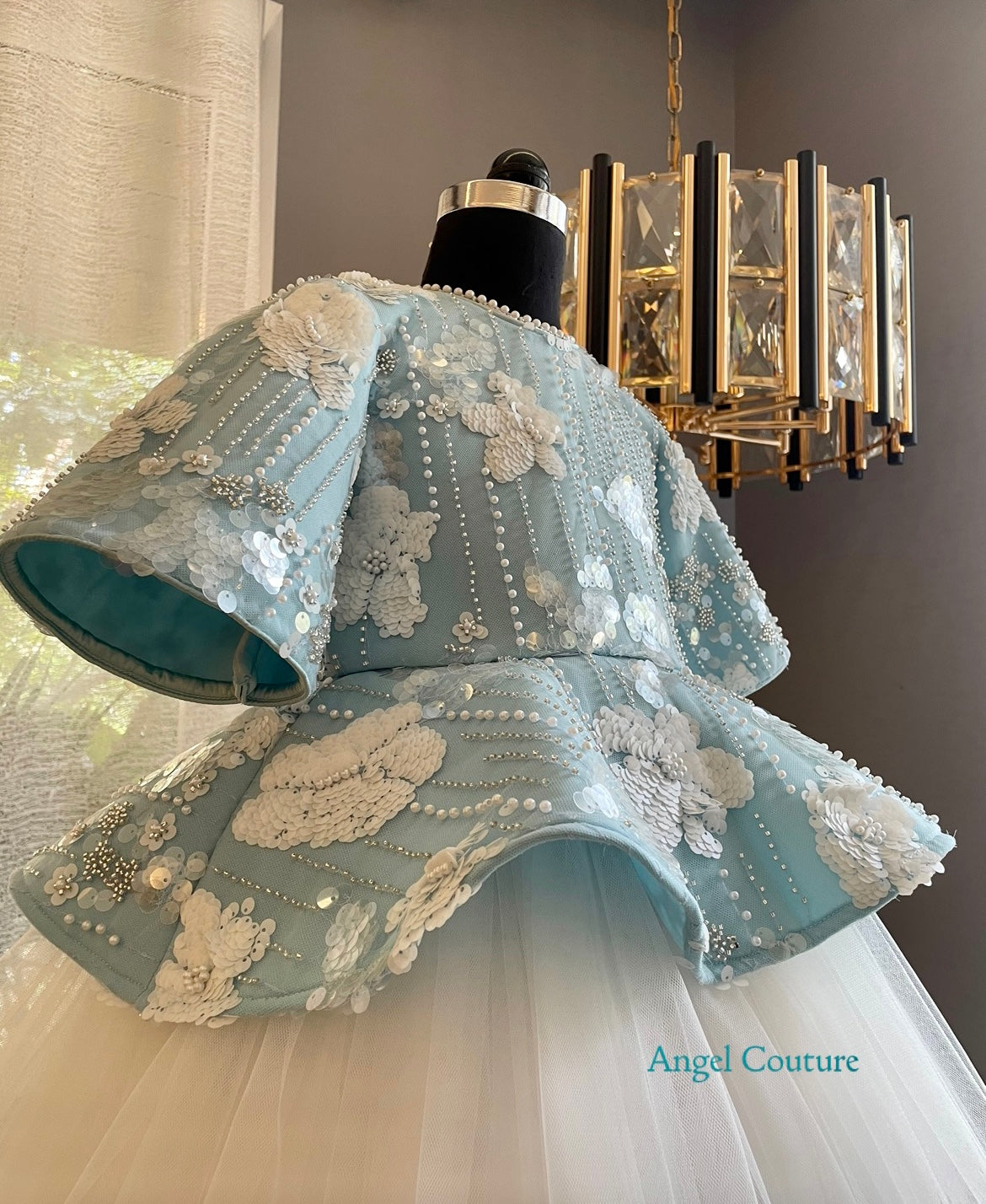 Ice Blue White Flower Sequence Peplum Dress