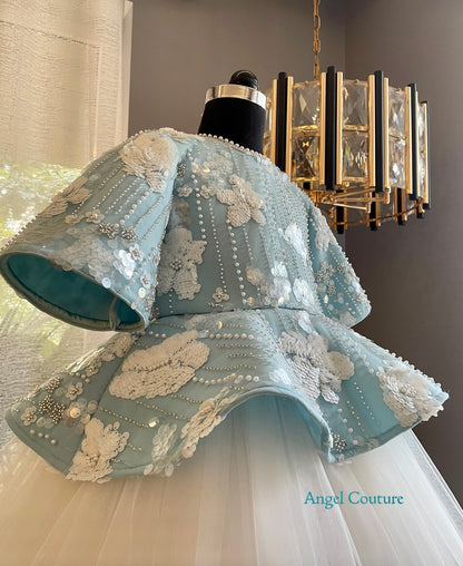 Ice Blue White Flower Sequence Peplum Dress