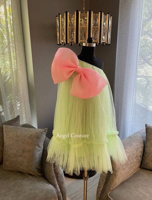 Lime Green One Shoulder Coral Bow Dress
