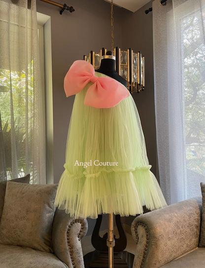 Lime Green One Shoulder Coral Bow Dress