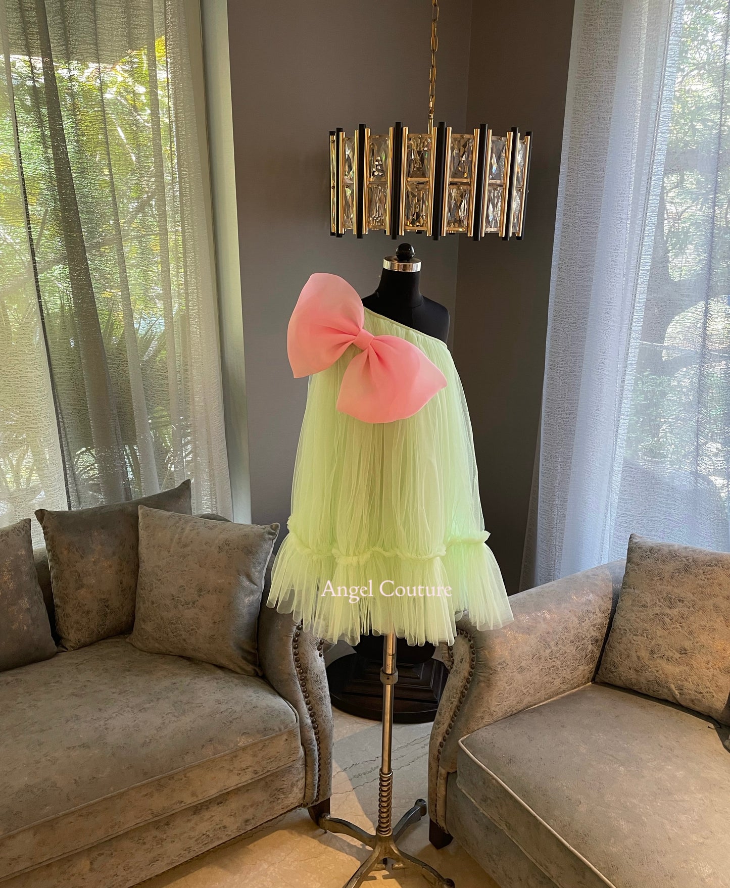 Lime Green Coral Bow One Shoulder Net Dress