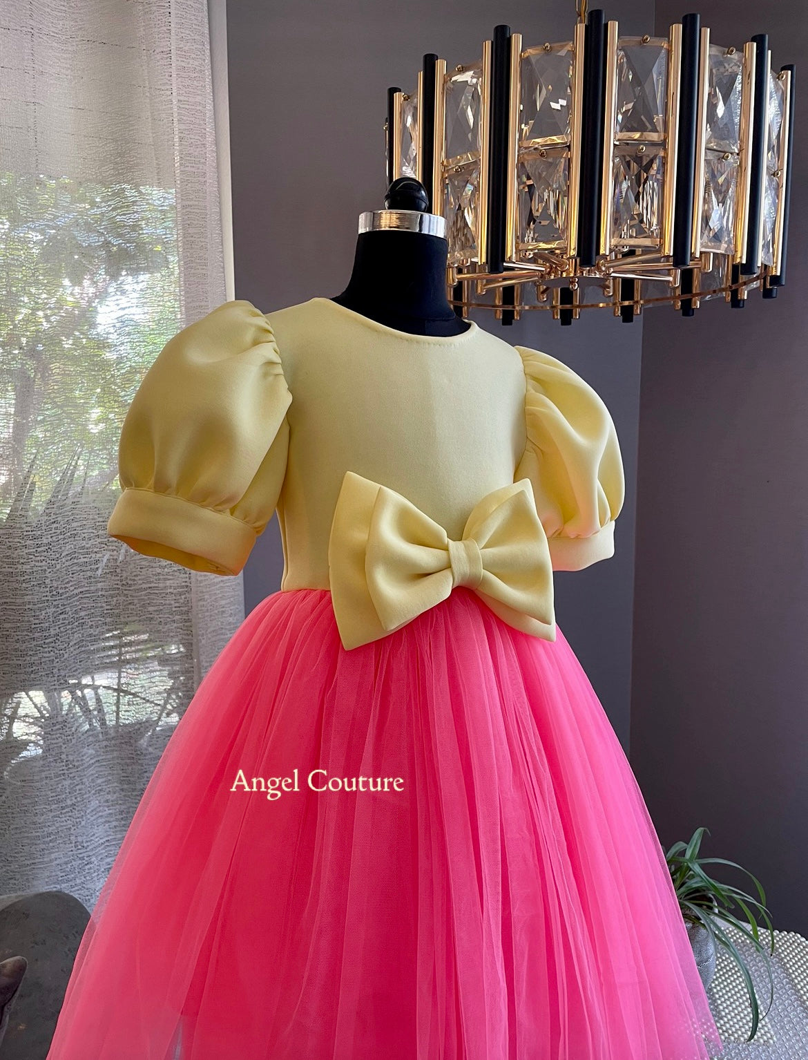 Lemon Fuchsia Pink Box Sleeve Bow Dress