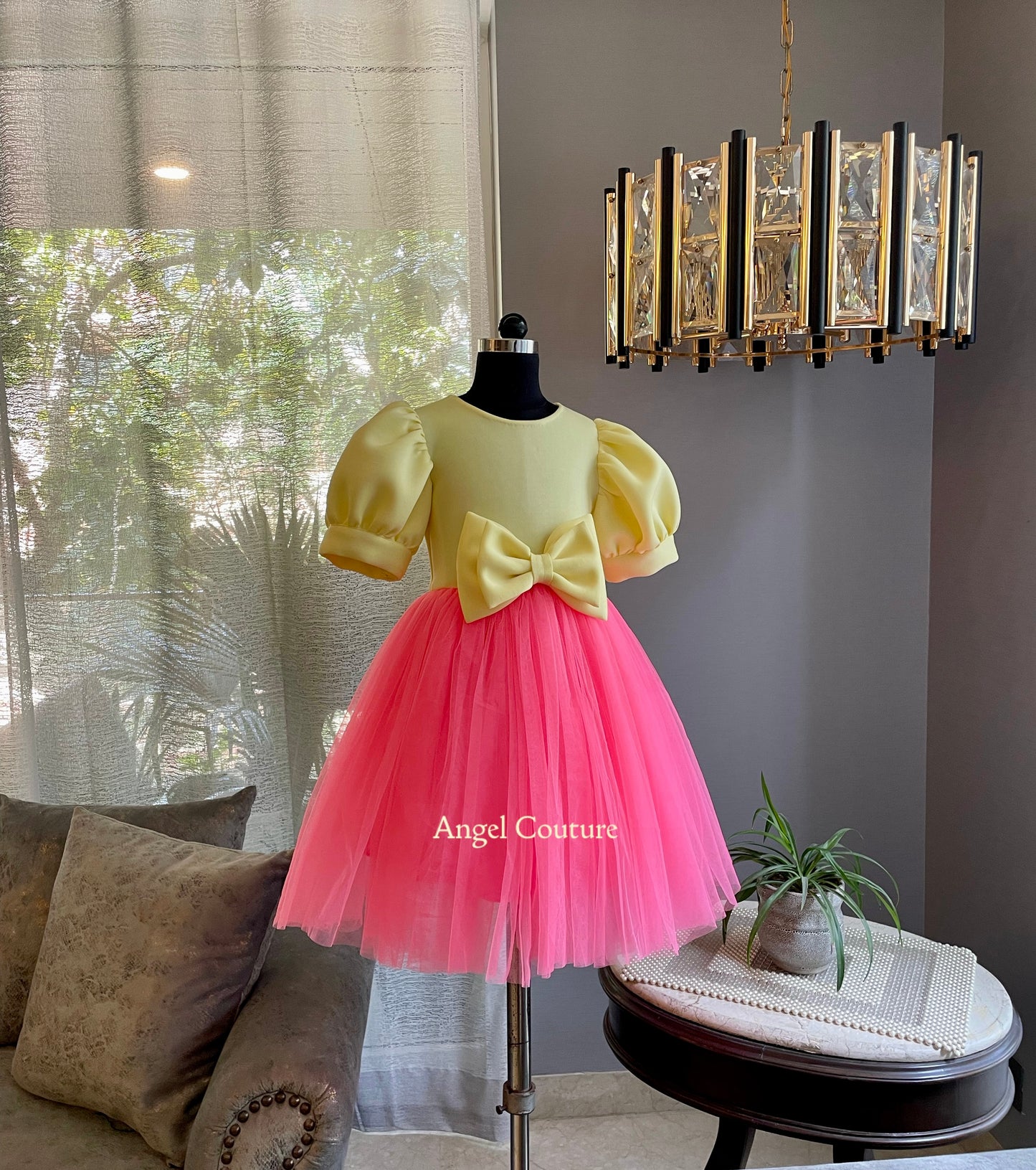 Lemon Fuchsia Pink Box Sleeve Bow Dress