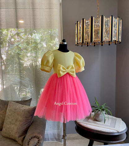 Lemon Fuchsia Pink Box Sleeve Bow Dress