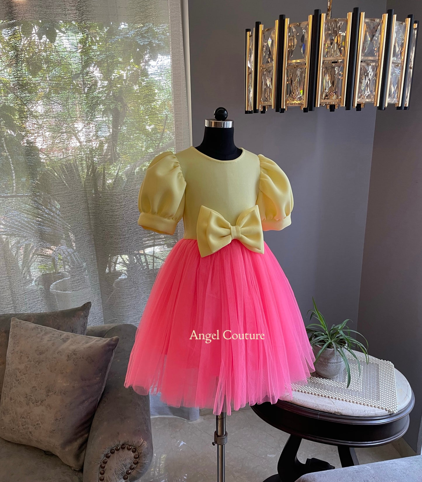 Lemon Fuchsia Pink Box Sleeve Bow Dress