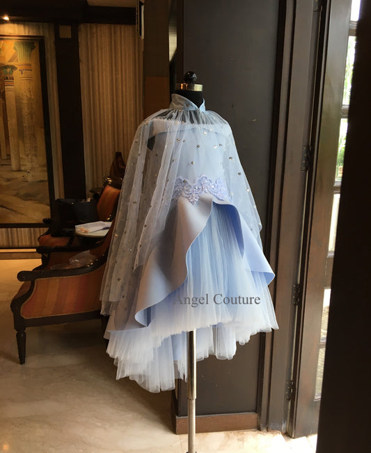 Powder Blue Offshoulder Lace Short Long Gown