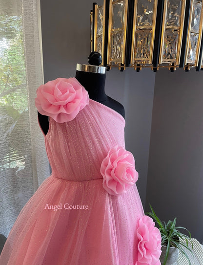 Lotus Pink One Shoulder 5 Rose Dress