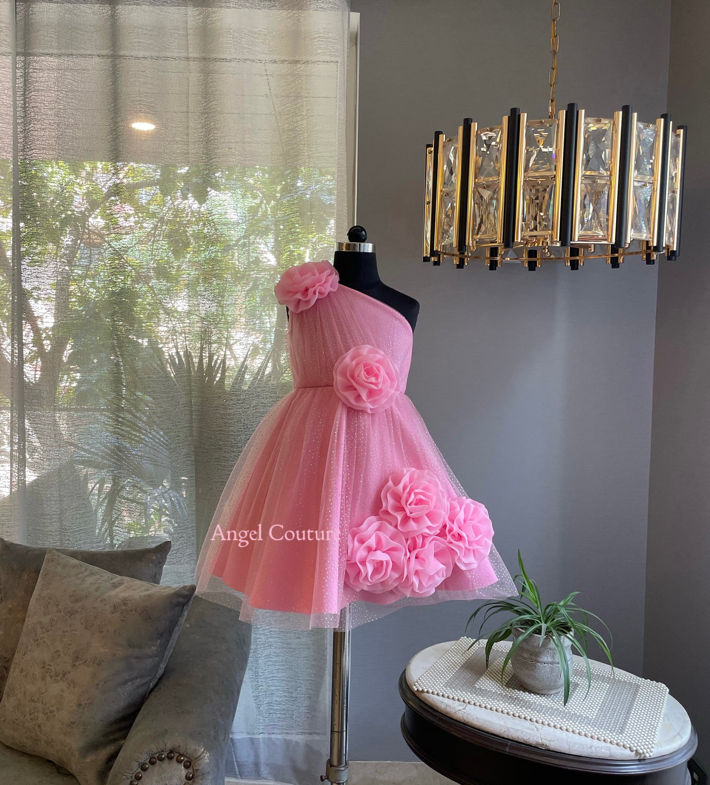 Lotus Pink One Shoulder 5 Rose Dress