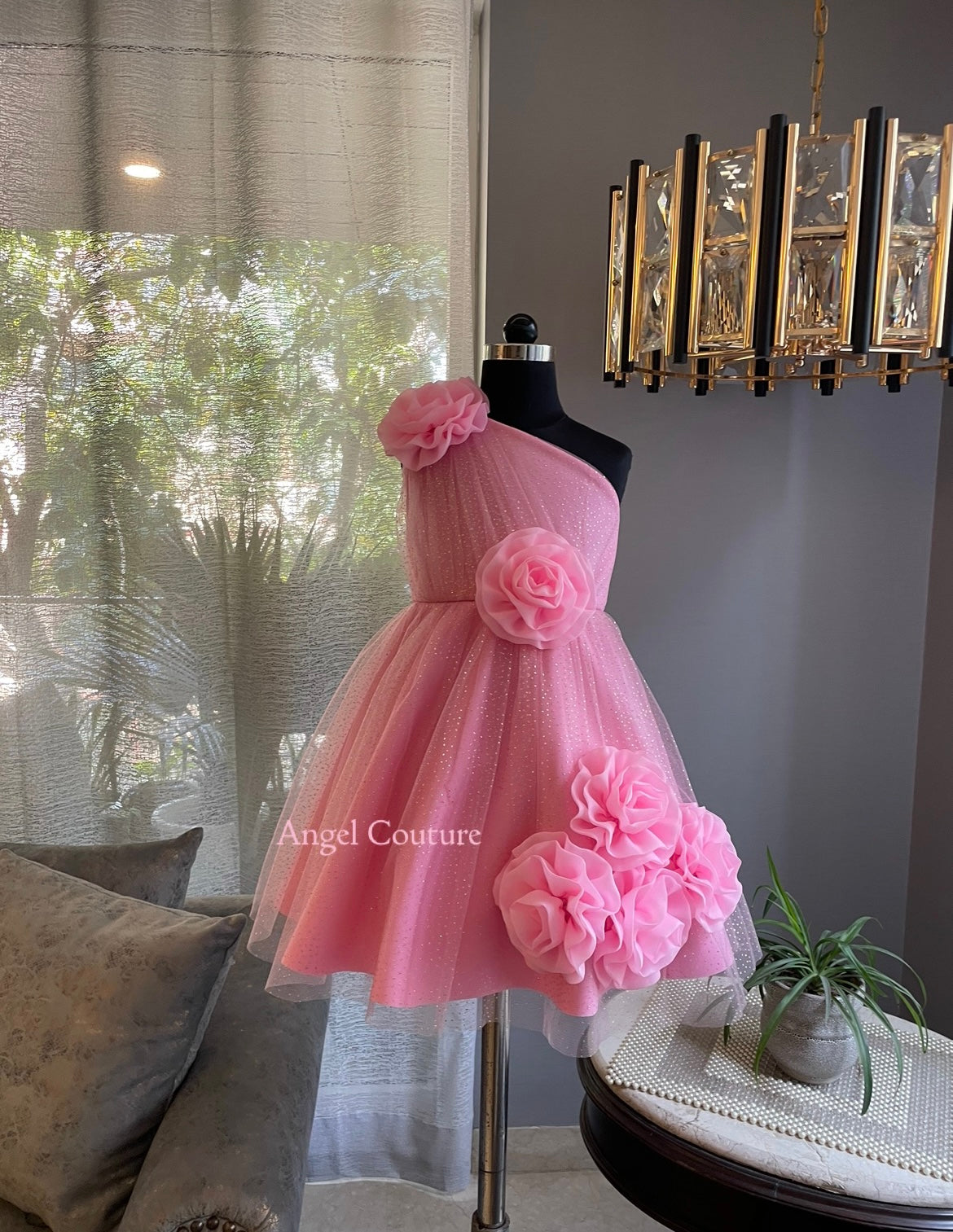 Lotus Pink One Shoulder 5 Rose Dress