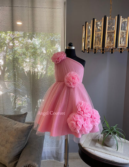 Lotus Pink One Shoulder 5 Rose Dress