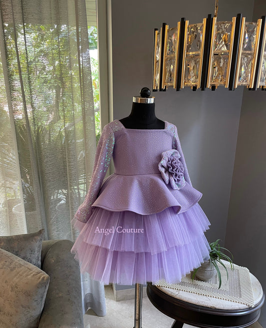 Lavender Sequence Flower Peplum Dress