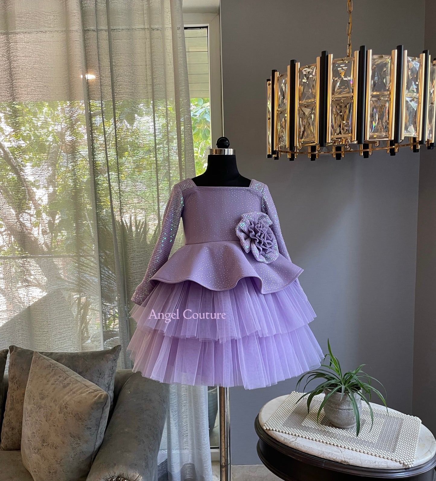 Lavender Sequence Flower Peplum Dress
