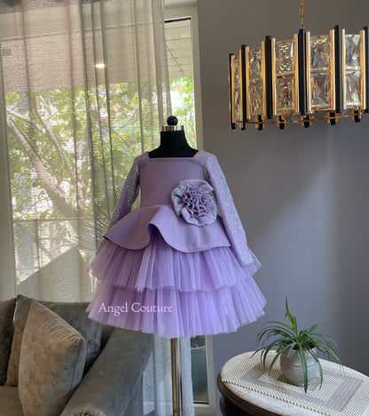 Lavender Sequence Flower Peplum Dress