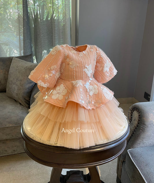 Peach Ivory Flower Sequence Peplum Dress