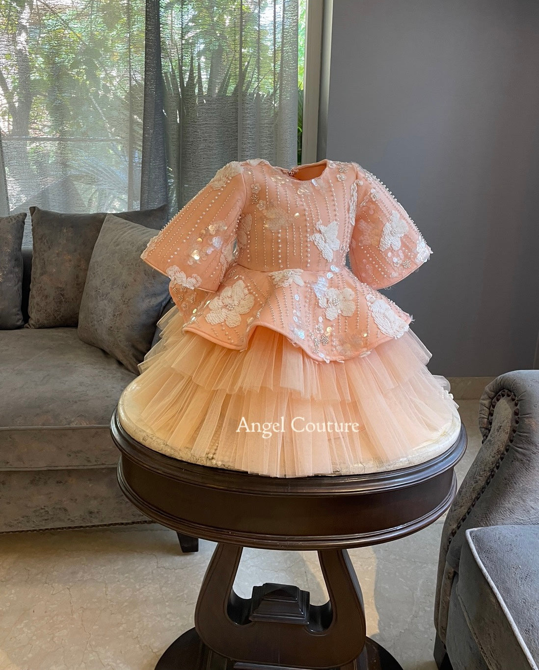 Peach Ivory Flower Sequence Peplum Dress
