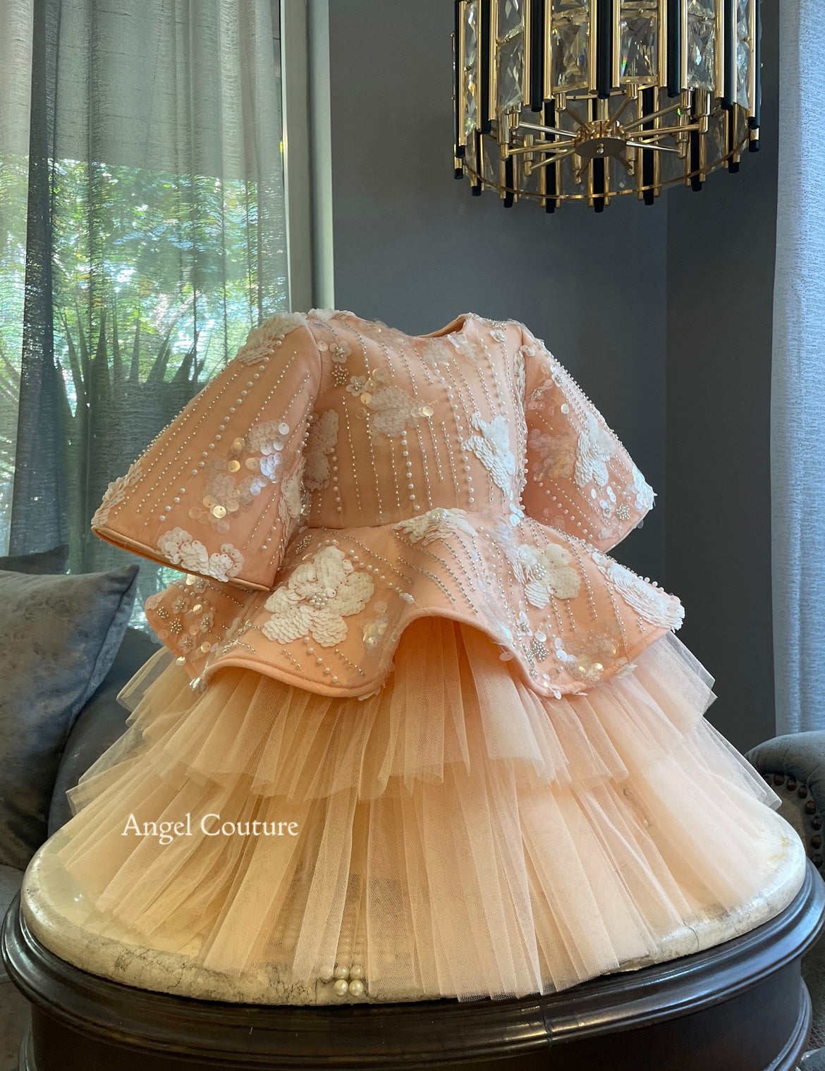Peach Ivory Flower Sequence Peplum Dress