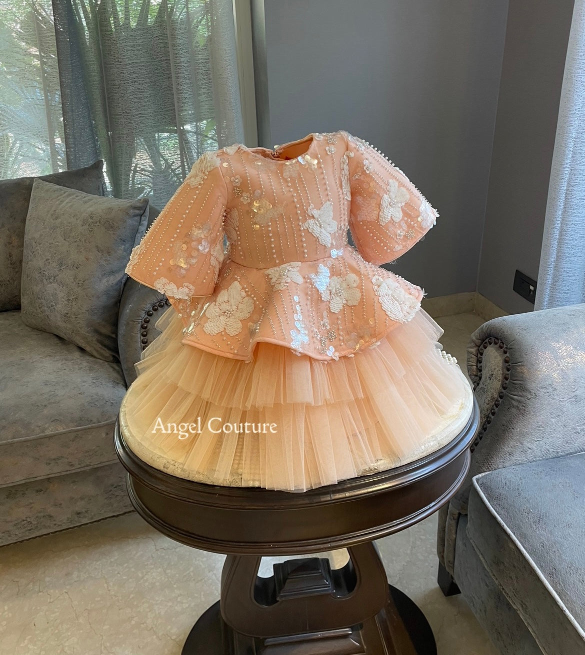 Peach Ivory Flower Sequence Peplum Dress