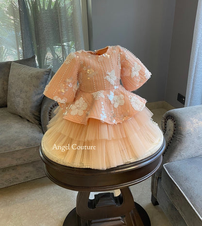 Peach Ivory Flower Sequence Peplum Dress