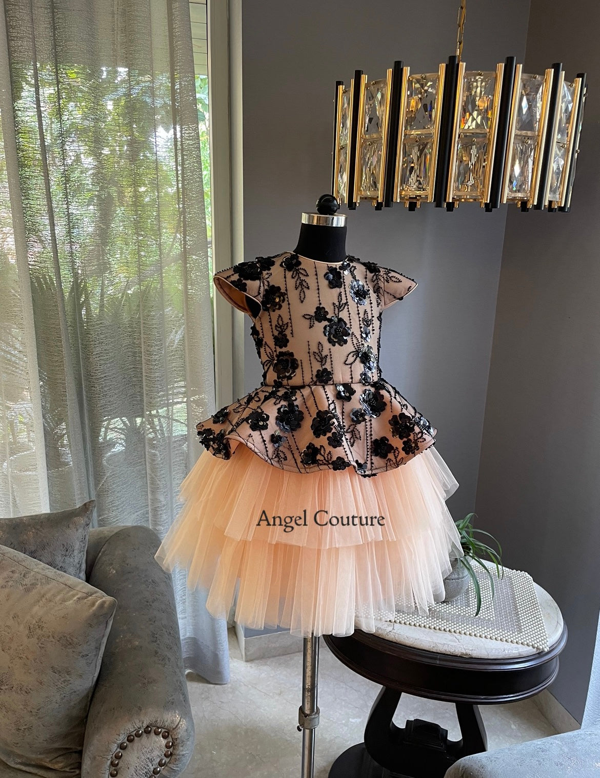 Peach Black Flower Sequence Peplum Dress