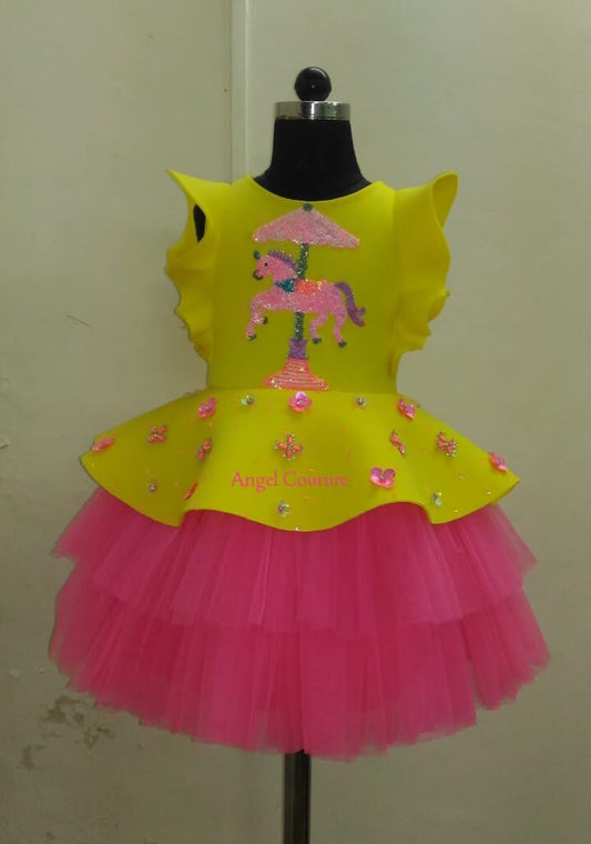 Yellow Fuchsia Pink Unicorn Carousel Dress