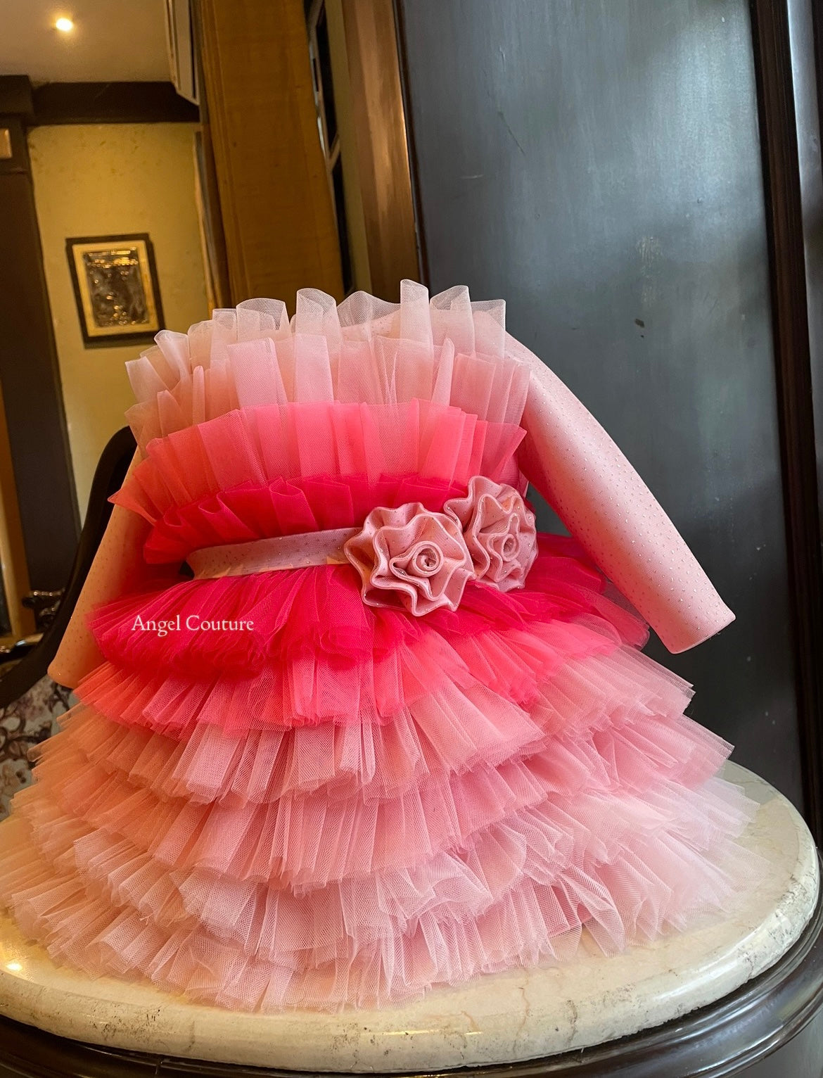 Shades Of Pink Multilayer Net Glitter Roses Dress
