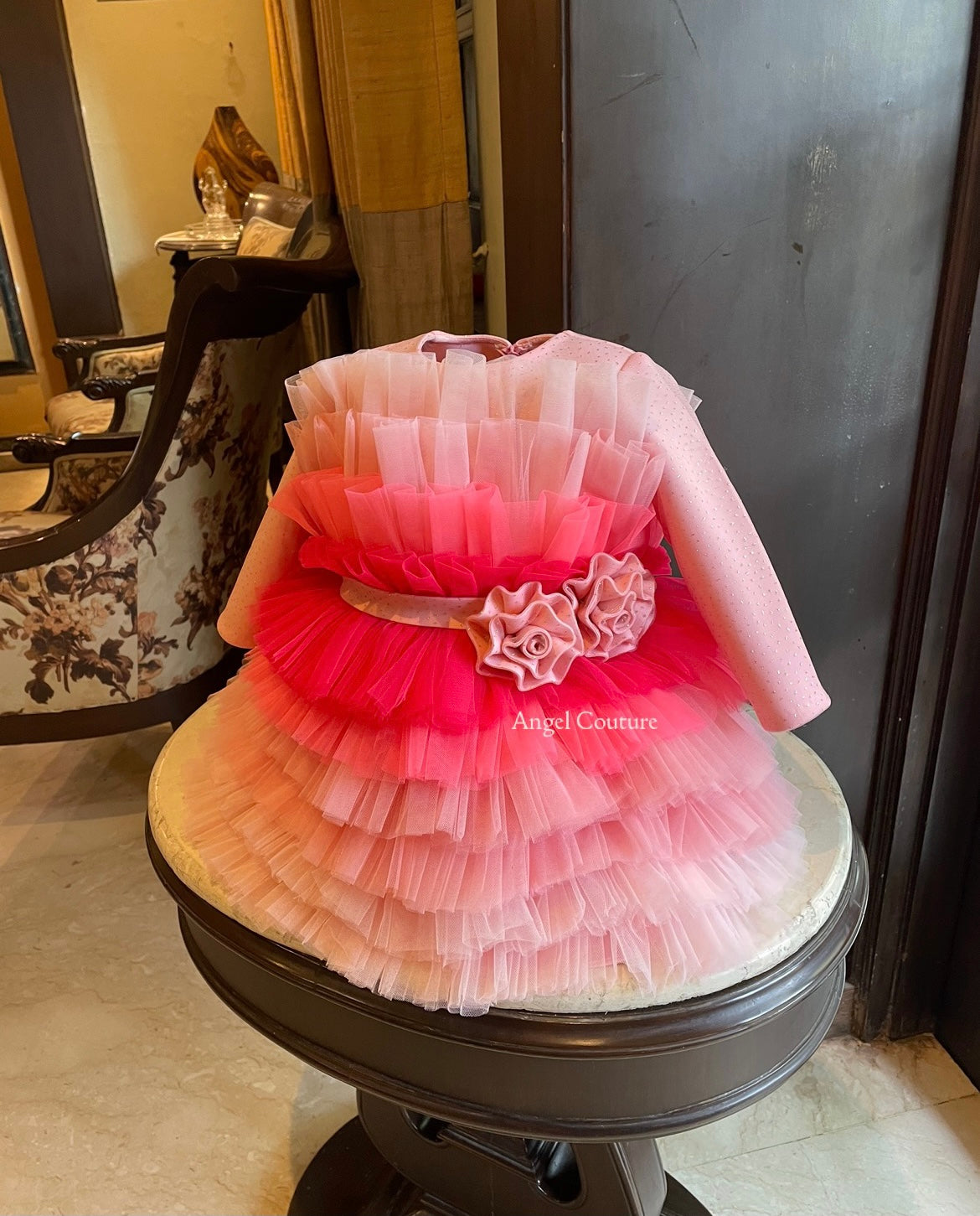 Shades Of Pink Multilayer Net Glitter Roses Dress