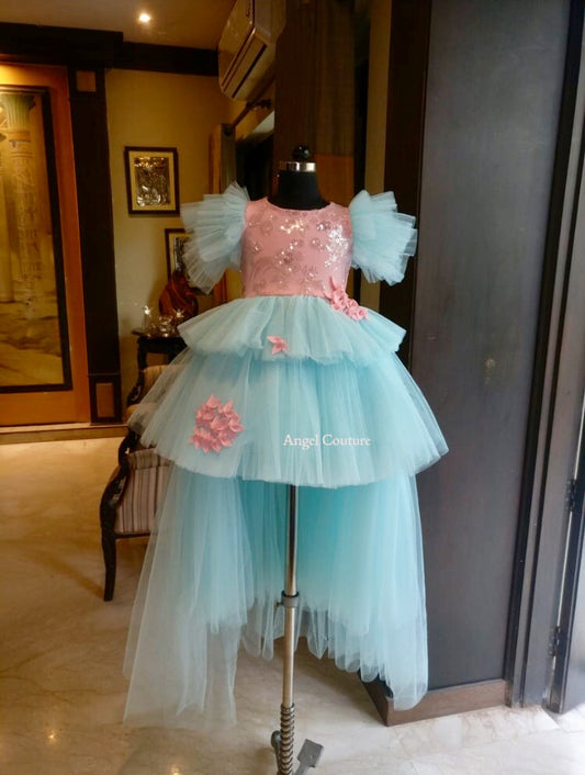Ice Blue Baby Pink Sequence Multilayer Gown