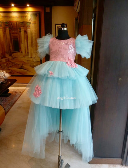 Ice Blue Baby Pink Sequence Multilayer Gown