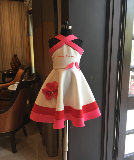 Ivory Red Fuchsia Pink Bird Pansy Dress