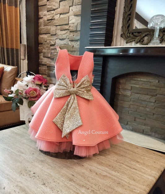 Raspberry Glitter Golden Bow Dress