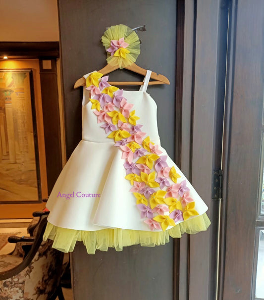 Ivory One Shoulder Multihue Falling Flowers Dress