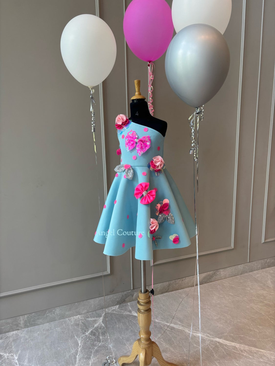 Ice Blue Polka Sequence Bow Dress