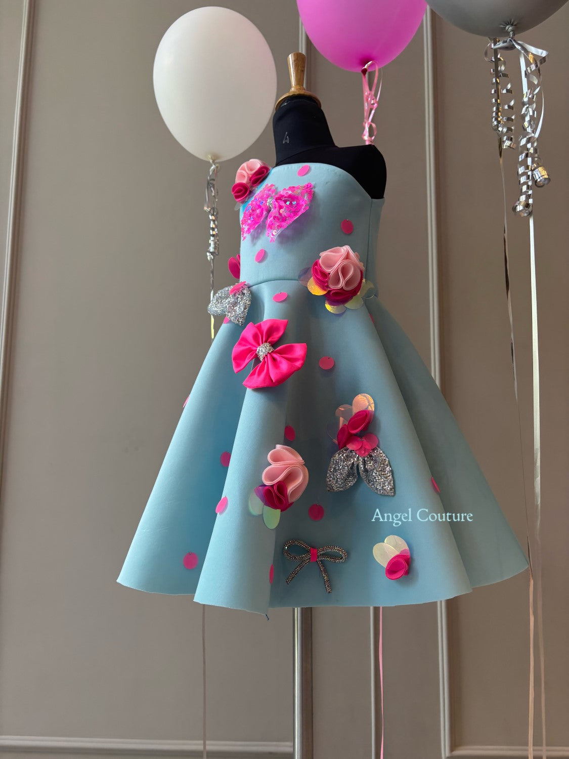 Ice Blue Polka Sequence Bow Dress