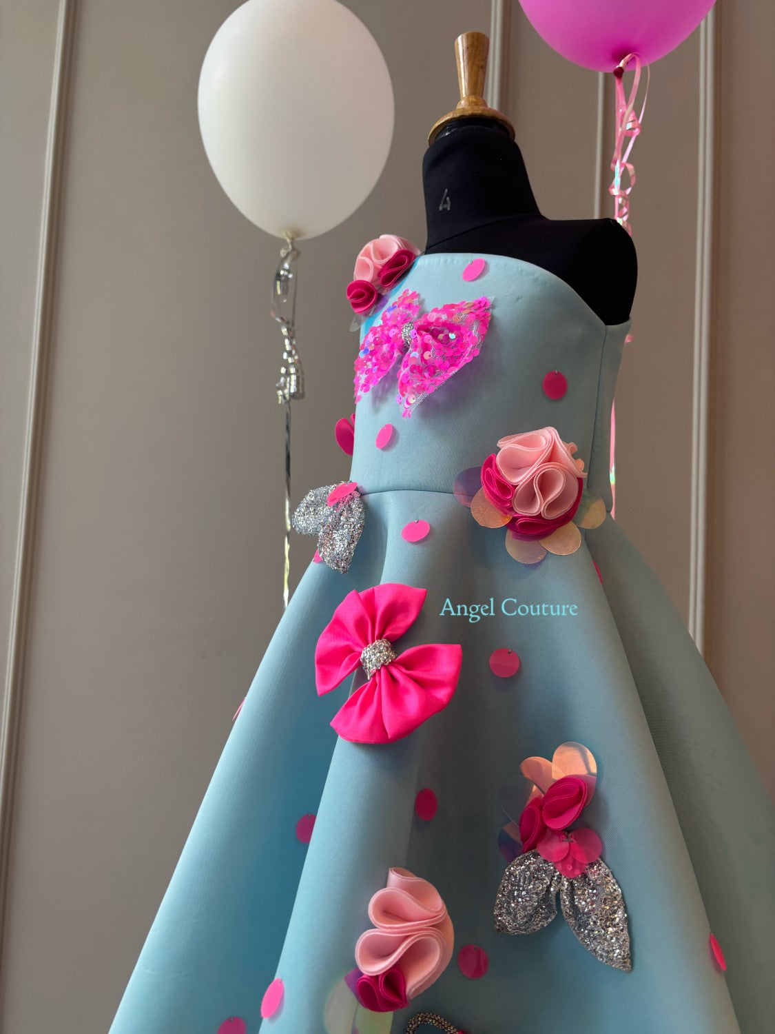 Ice Blue Polka Sequence Bow Dress