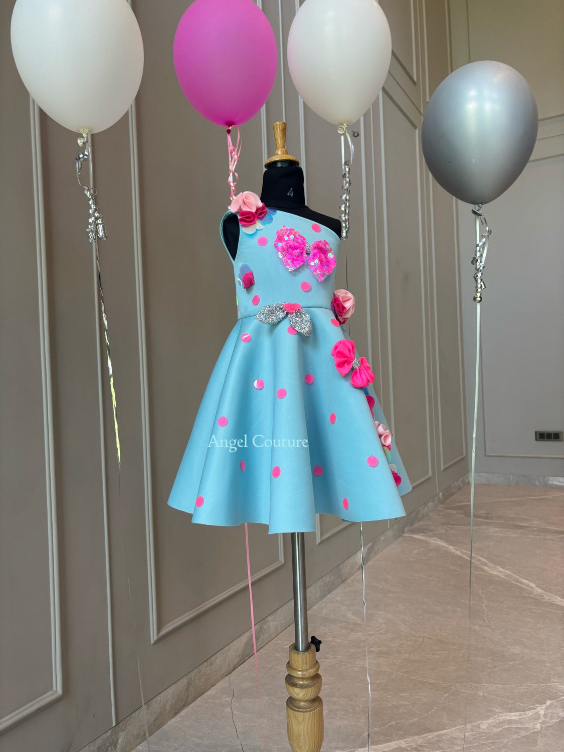 Ice Blue Polka Sequence Bow Dress