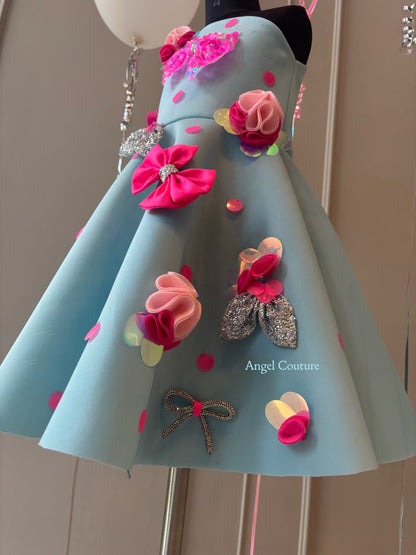 Ice Blue Polka Sequence Bow Dress