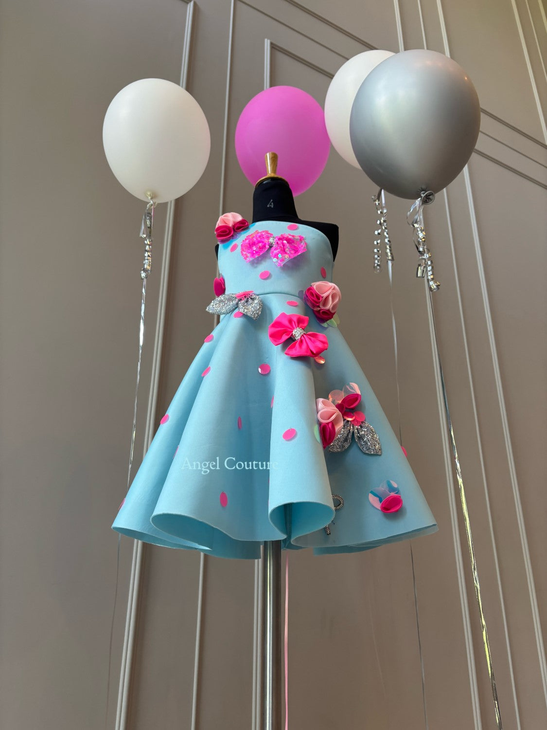 Ice Blue Polka Sequence Bow Dress
