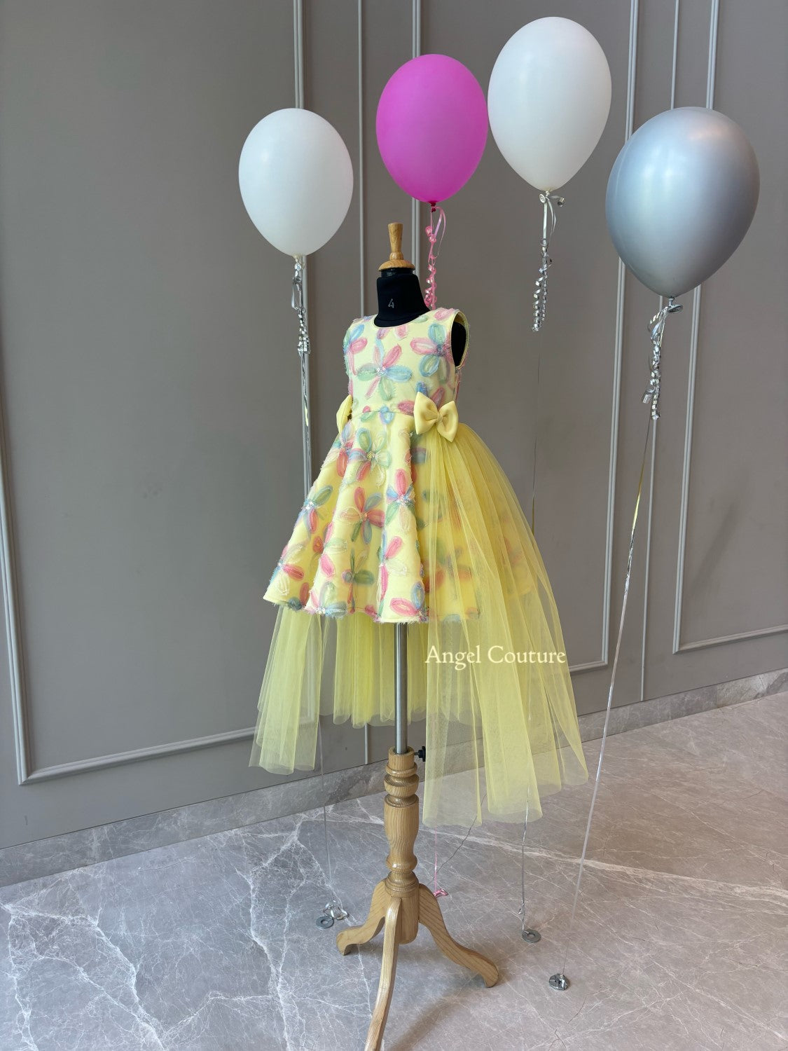 Lemon Net Flowers Flair Dress