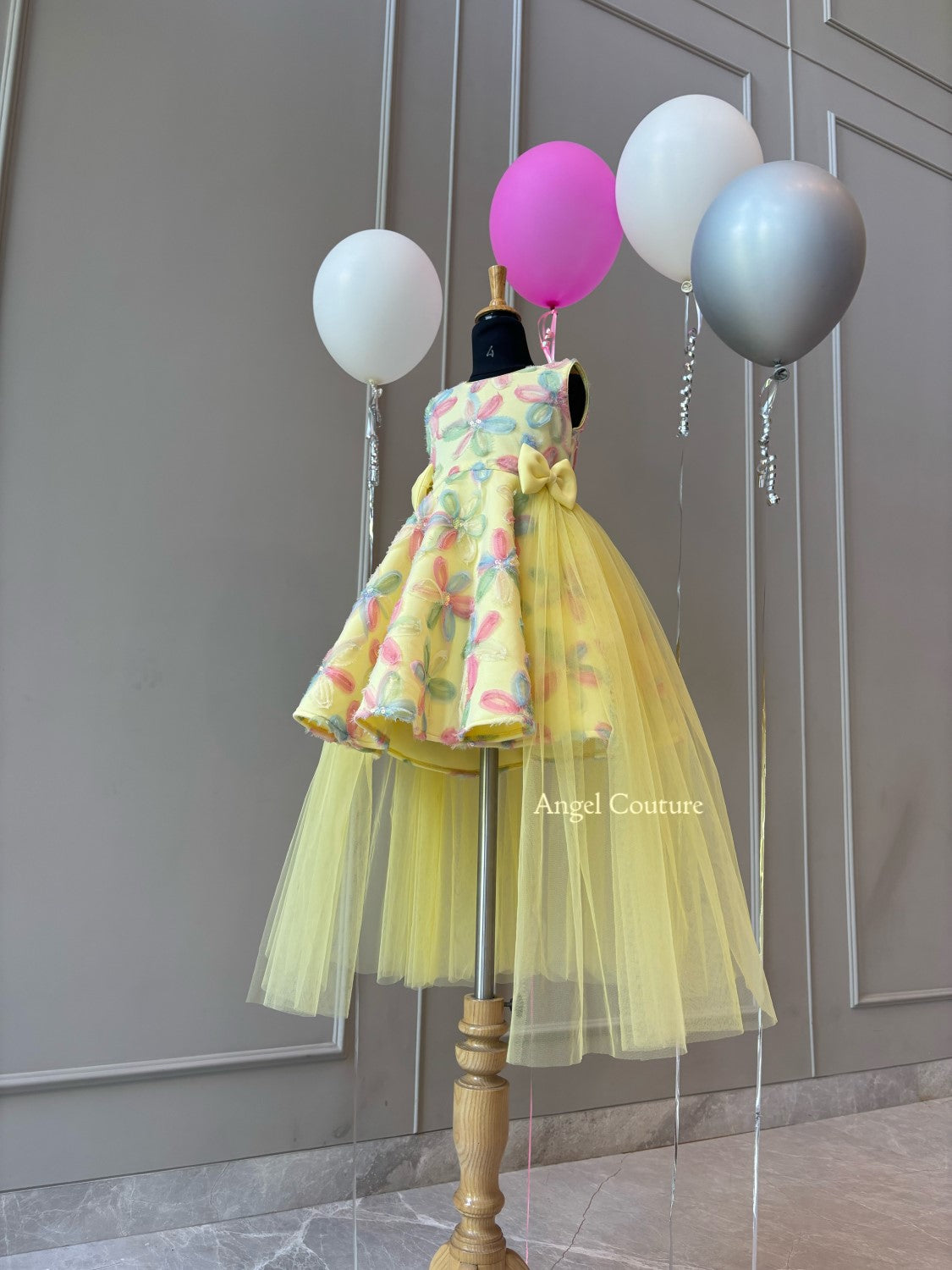 Lemon Net Flowers Flair Dress