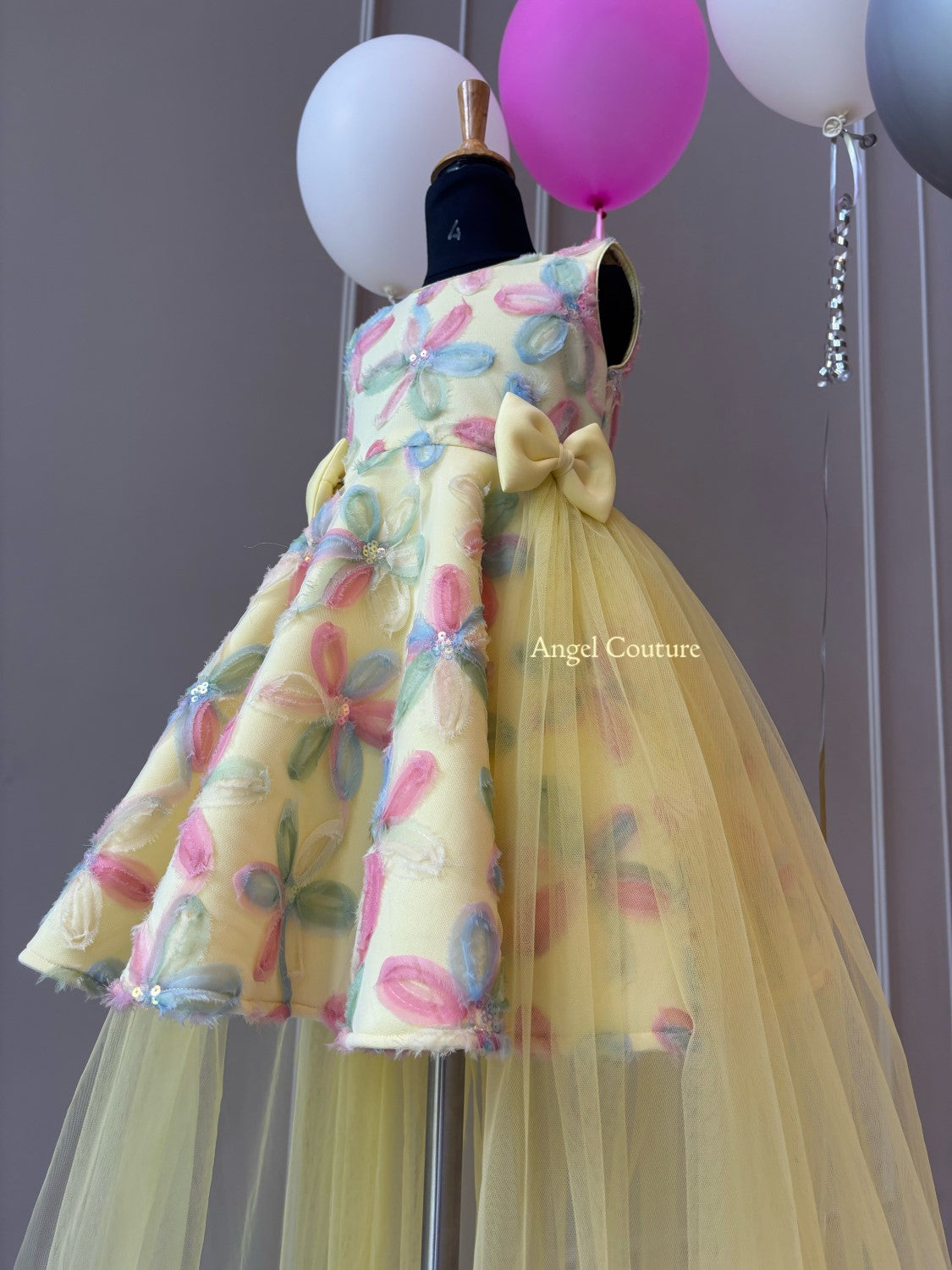 Lemon Net Flowers Flair Dress