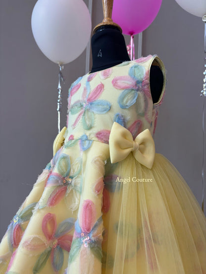 Lemon Net Flowers Flair Dress