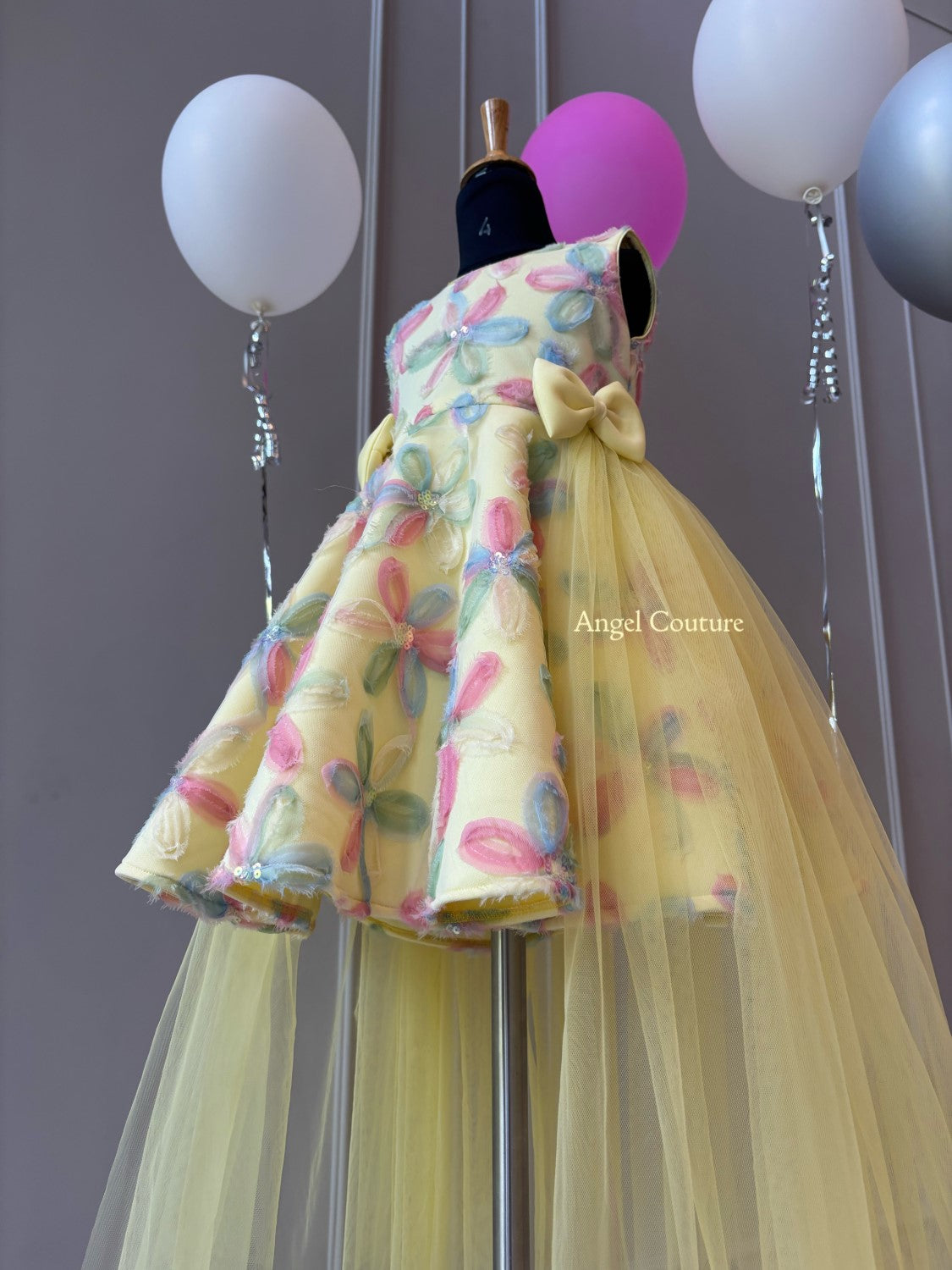 Lemon Net Flowers Flair Dress