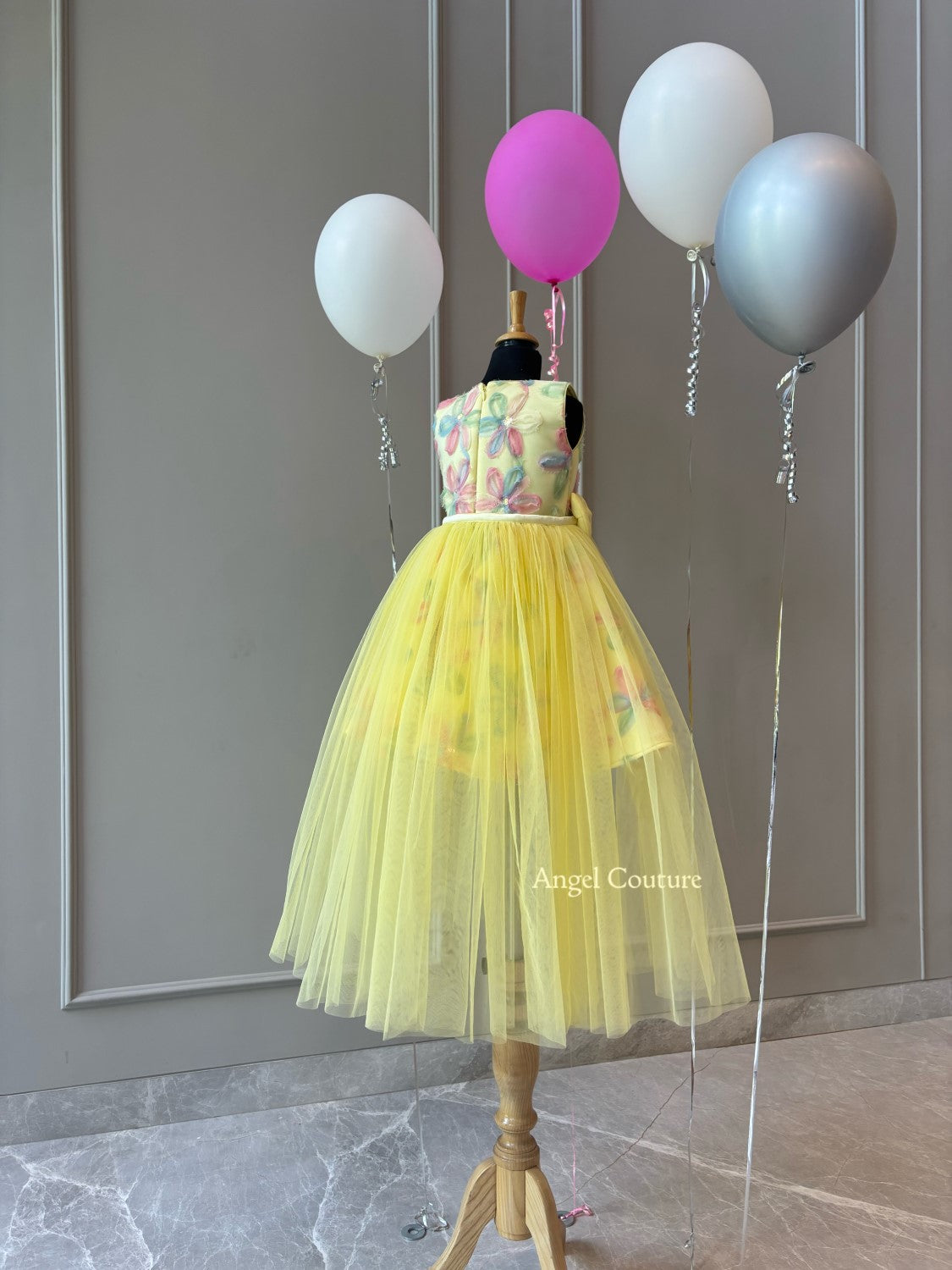 Lemon Net Flowers Flair Dress