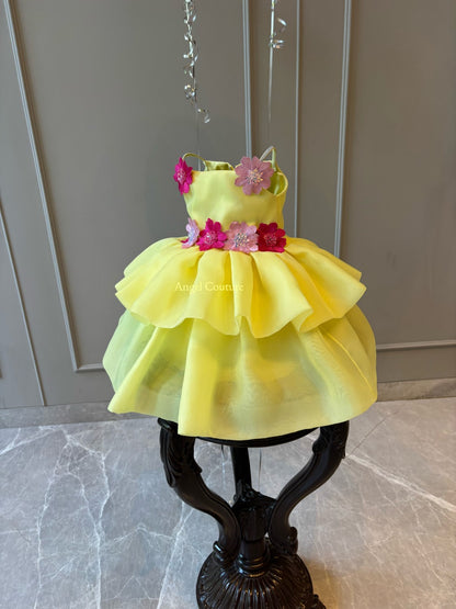 Lemon Organza Applique Flower Dress