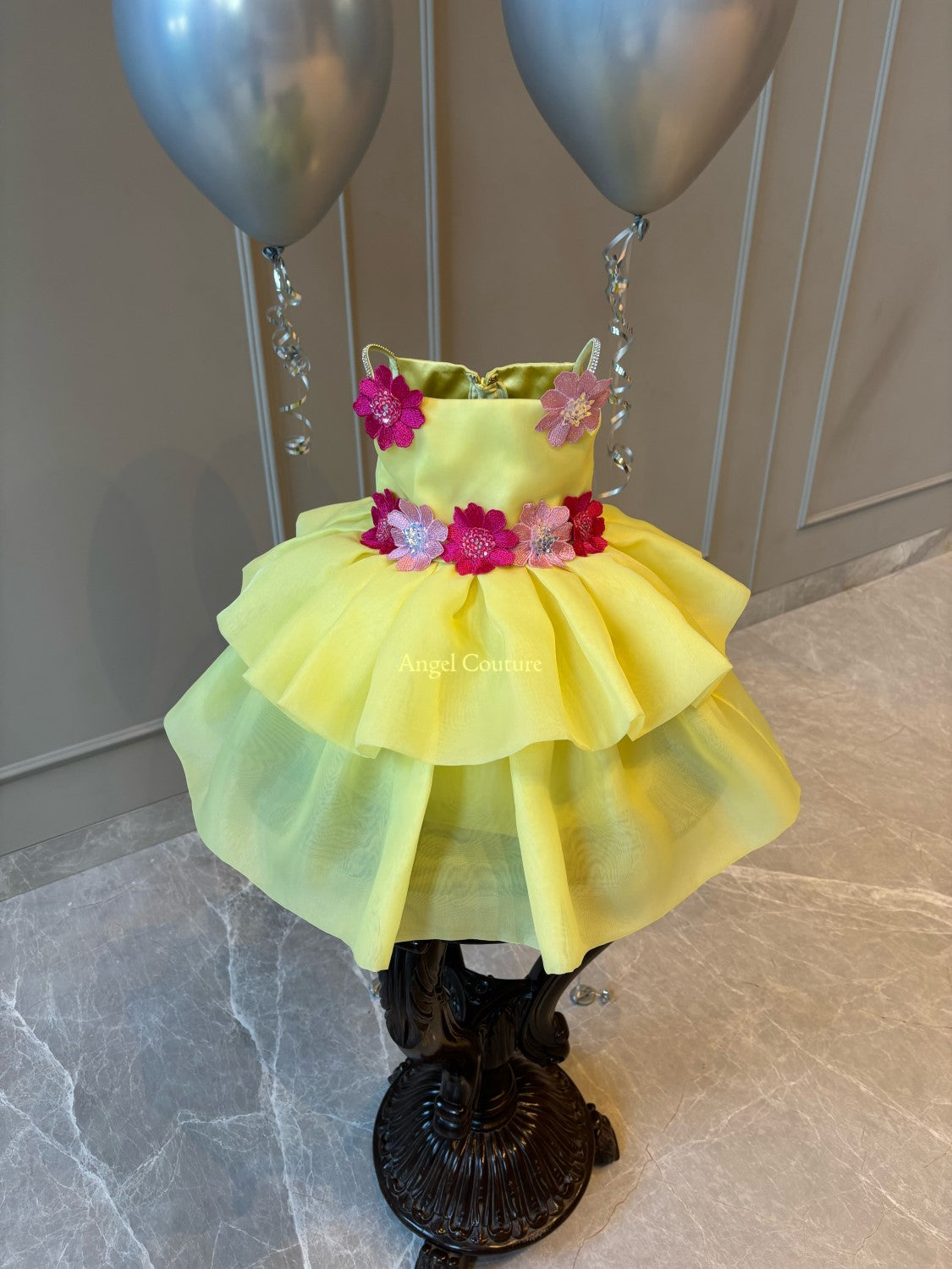 Lemon Organza Applique Flower Dress