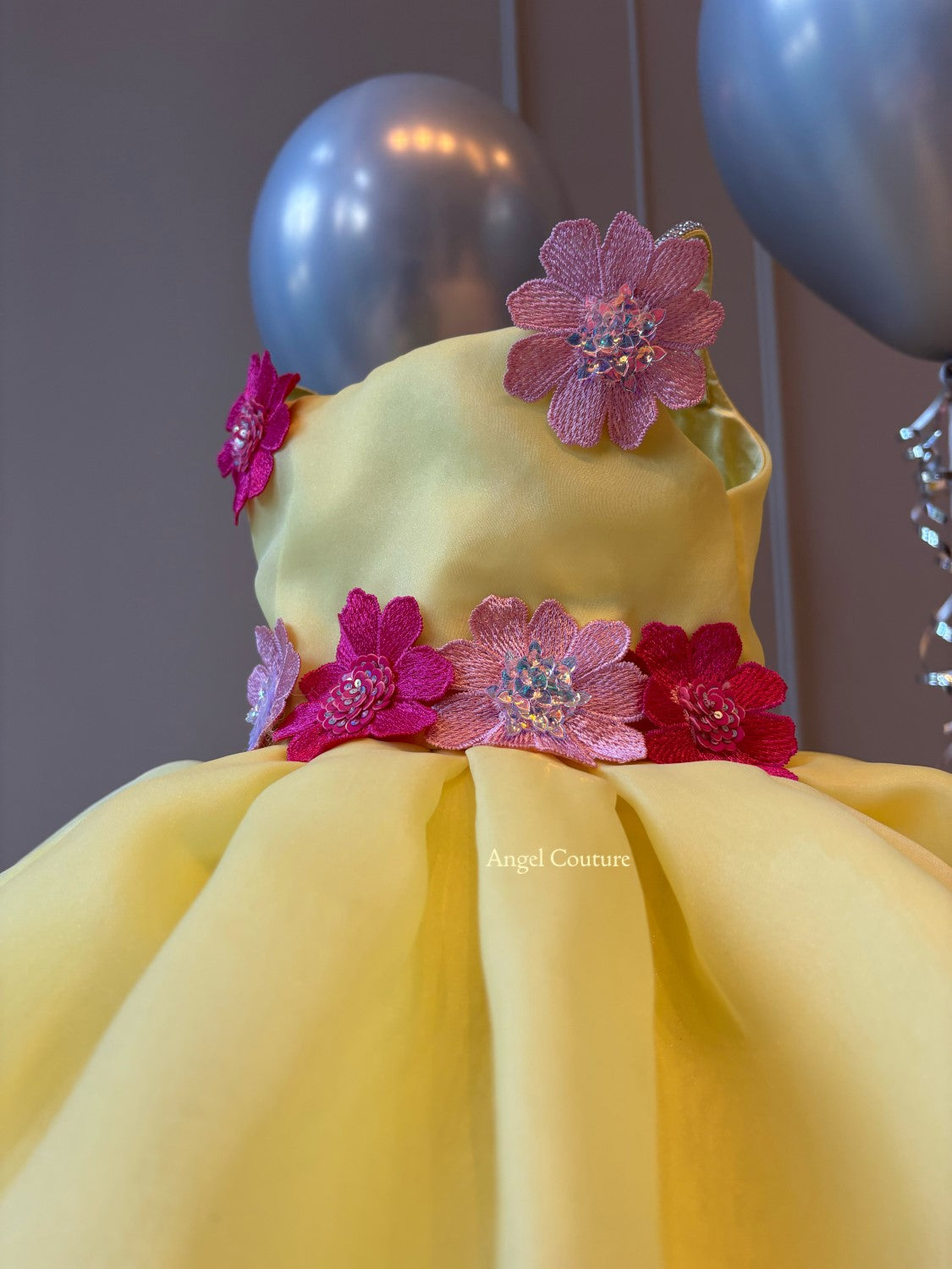 Lemon Organza Applique Flower Dress